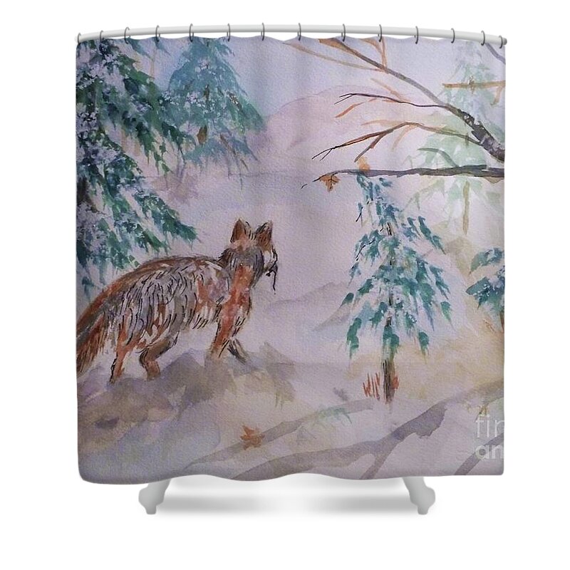 Red Fox Shower Curtain featuring the painting Red Fox - Winter Dawn by Ellen Levinson