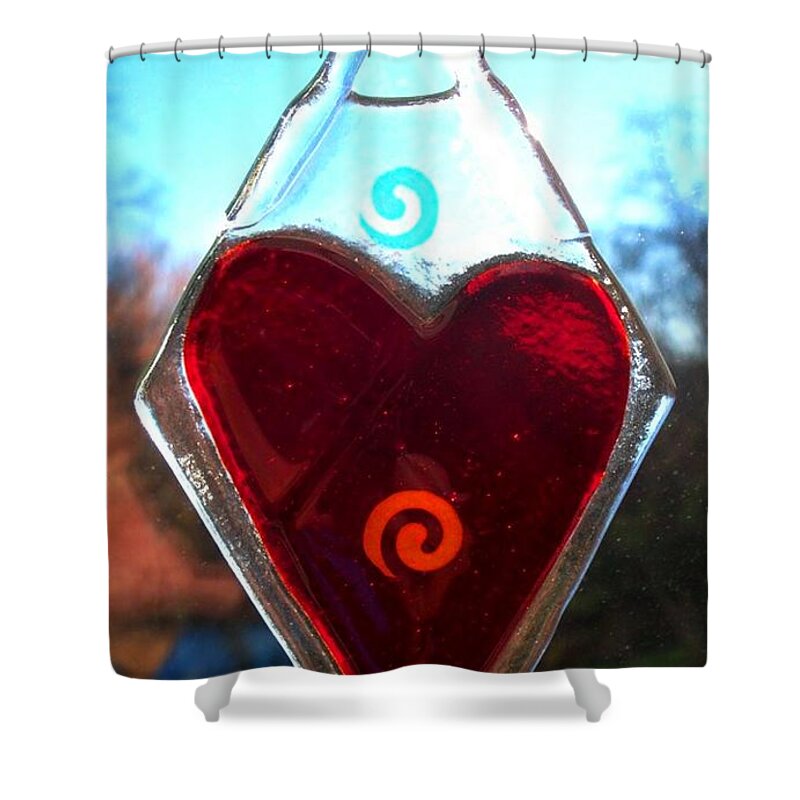 Fused Glass Shower Curtain featuring the glass art Red Heart with Spiral by Marian Berg