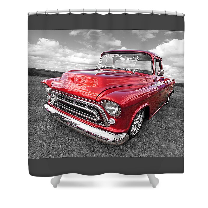 Chevy Truck Shower Curtain featuring the photograph Red Hot '57 Chevy by Gill Billington