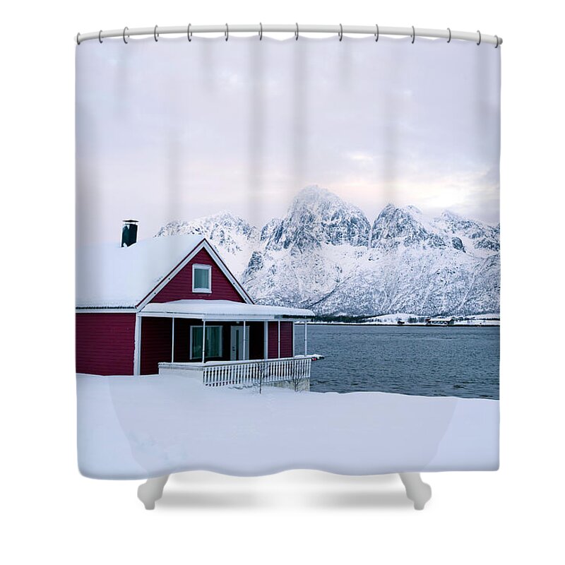 Snow Shower Curtain featuring the photograph Red House Lofoten Islands Norway by Justinreznick