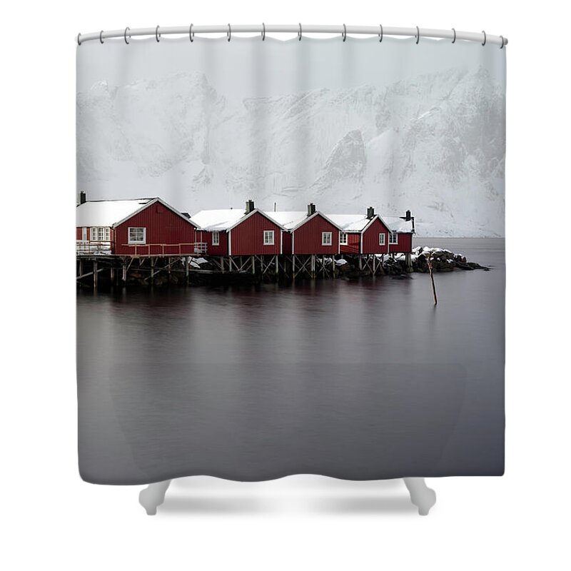 Snow Shower Curtain featuring the photograph Red Houses In Lofoten Islands Norway by Justinreznick