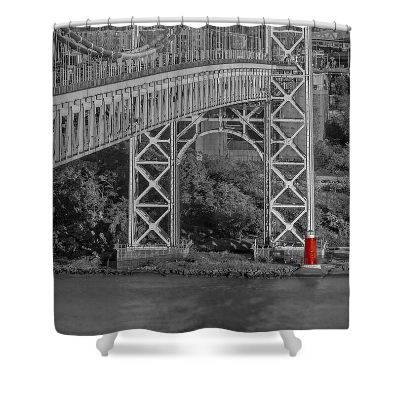 Autumn Shower Curtain featuring the photograph Red Lighthouse And Great Gray Bridge BW by Susan Candelario