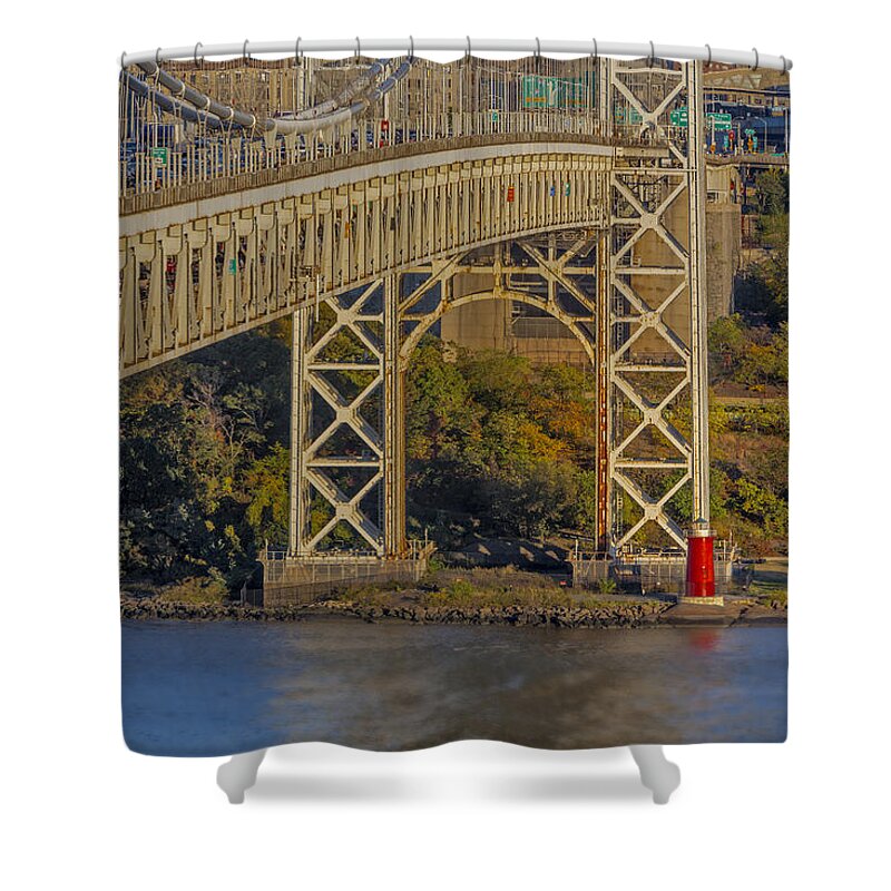 Autumn Shower Curtain featuring the photograph Red Lighthouse And Great Gray Bridge by Susan Candelario