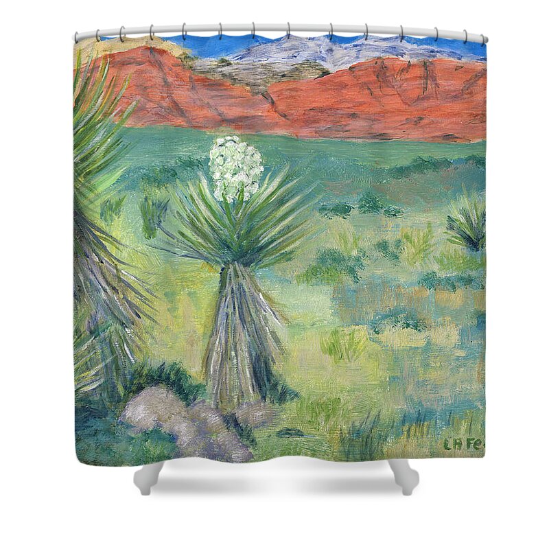 Nevada Shower Curtain featuring the painting Red Rock Canyon with Yucca by Linda Feinberg