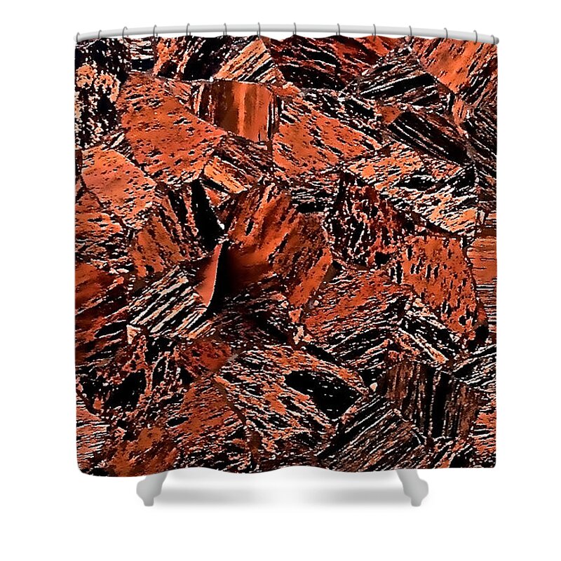 Red Shower Curtain featuring the photograph Burnt Red Cubist Rocks by Debra Amerson