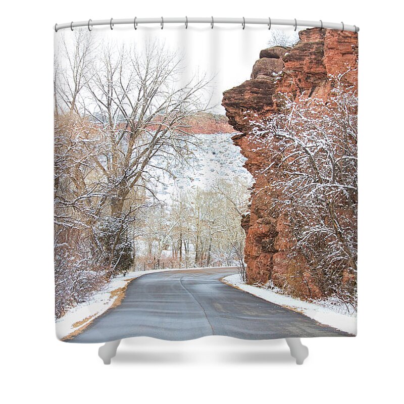 Red Rocks Shower Curtain featuring the photograph Red Rocks Winter Landscape Drive by James BO Insogna