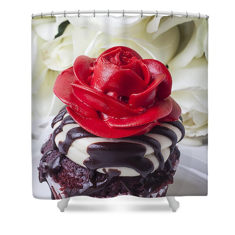 Red Rose Cupcake Shower Curtain featuring the photograph Red rose cupcake by Garry Gay