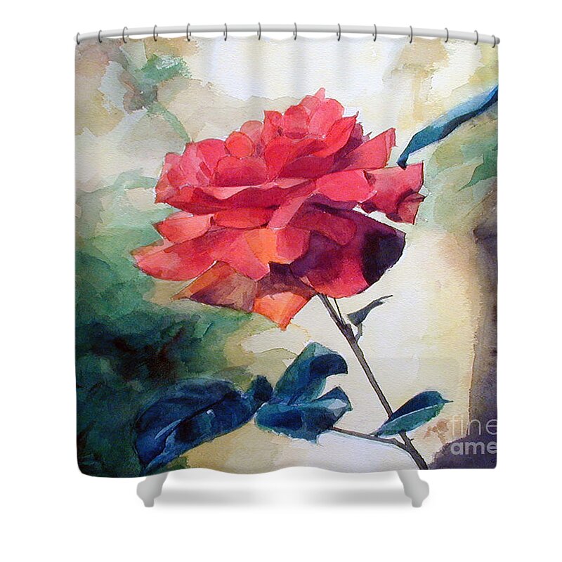 Red Rose Shower Curtain featuring the painting Watercolor of a Single Red Rose on a Branch by Greta Corens