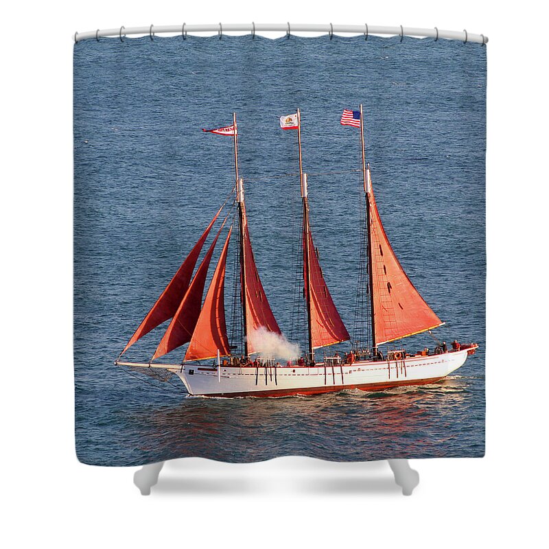 Tall Ships Shower Curtain featuring the photograph Red Sails by Art Block Collections