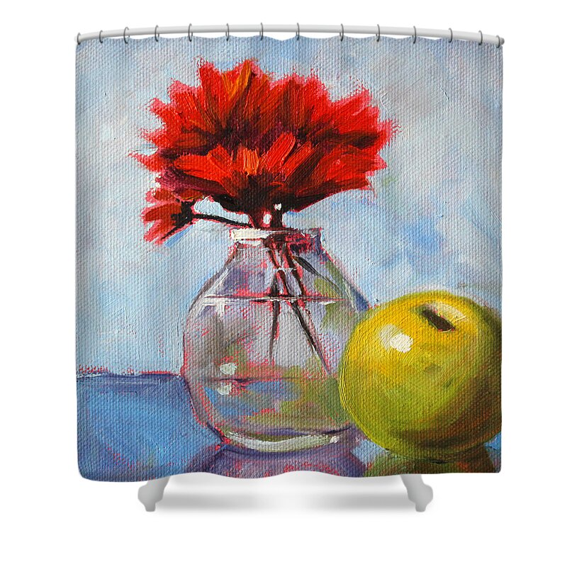 Red Flowers Shower Curtain featuring the painting Red Still by Nancy Merkle