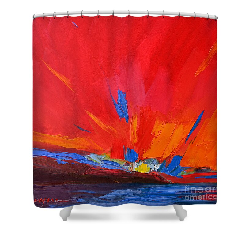 Red Abstract Shower Curtain featuring the painting Red Sunset, Modern Abstract Art by Patricia Awapara