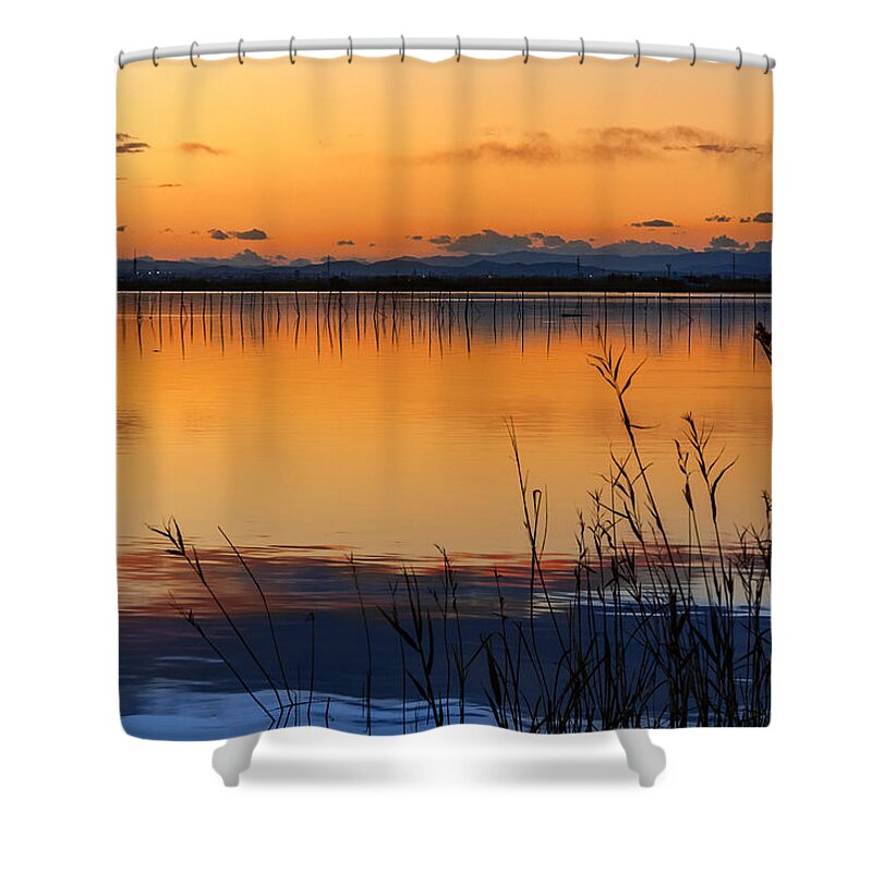 Reflections Shower Curtain featuring the photograph Red Sunset. Valencia by Juan Carlos Ferro Duque