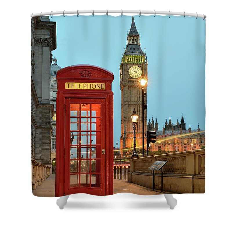 Tranquility Shower Curtain featuring the photograph Red Telephone Box And Big Ben In London by Arpad Lukacs Photography