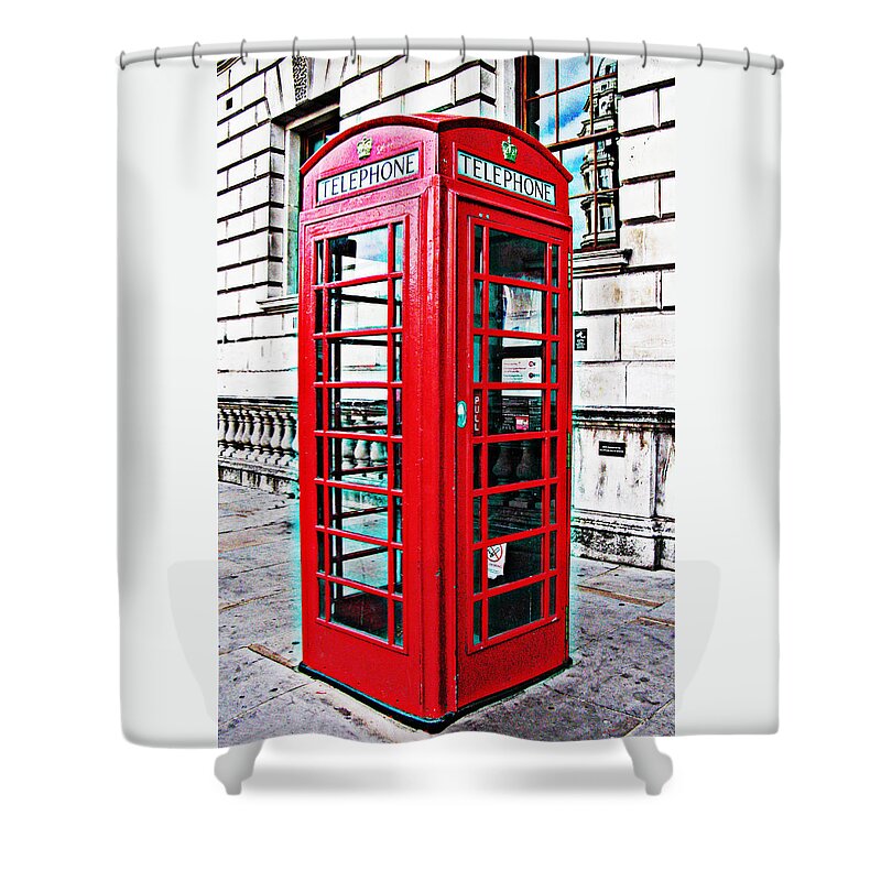 Telephone Box Shower Curtain featuring the photograph Red telephone box call box in London by Tom Conway