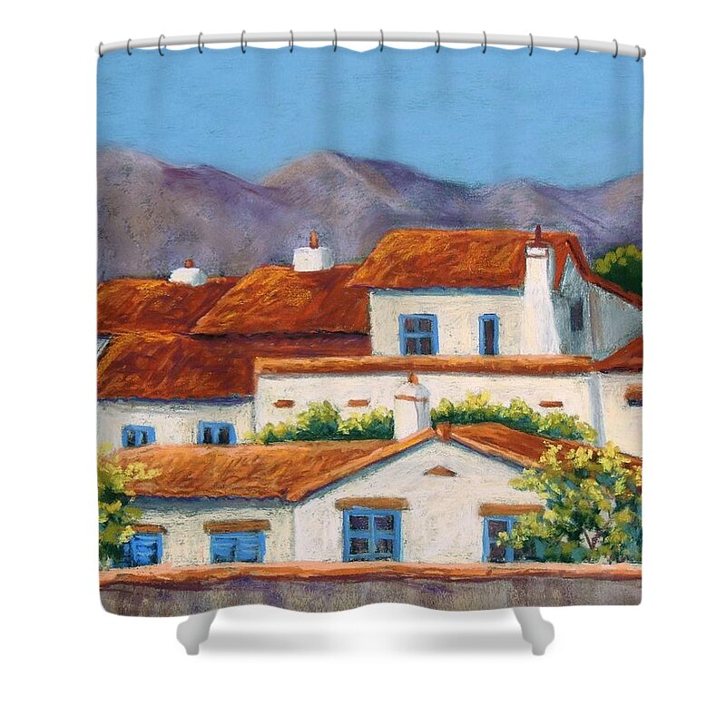 Spanish Buildings Shower Curtain featuring the pastel Red Tile Roofs by Candy Mayer