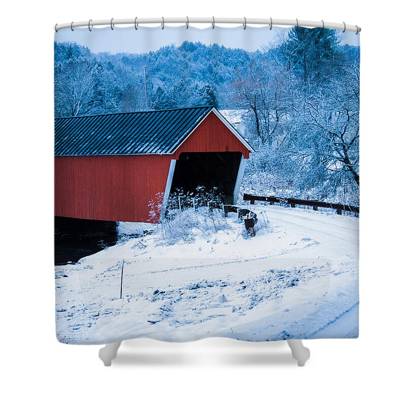 Vermont Covered Bridge Shower Curtain featuring the photograph Red Vermont covered bridge by Jeff Folger