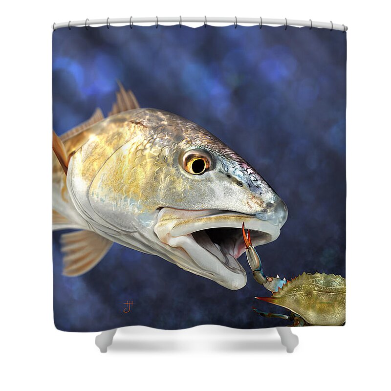 Fish Shower Curtain featuring the painting Red vs Blue - Final Battle by Hayden Hammond