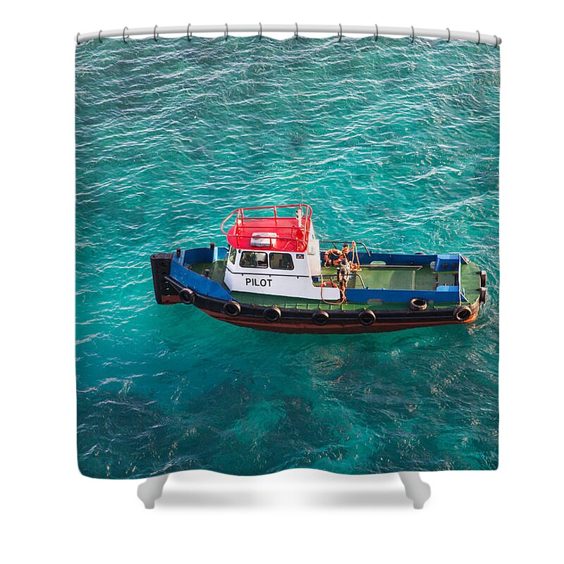 Blue Shower Curtain featuring the photograph Red White and Blue Pilot Boat in Aqua Water by Darryl Brooks