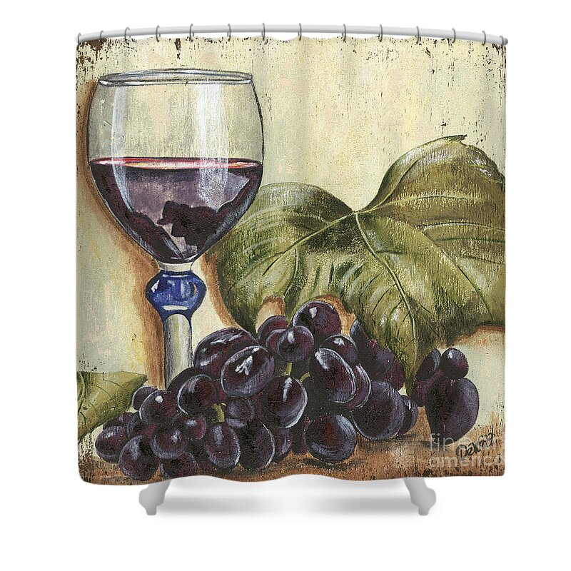 Wine Shower Curtain featuring the painting Red Wine And Grape Leaf by Debbie DeWitt