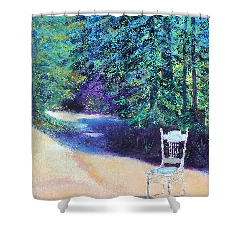 Landscape Painting Shower Curtain featuring the painting Redwood Path and White Chair by Asha Carolyn Young