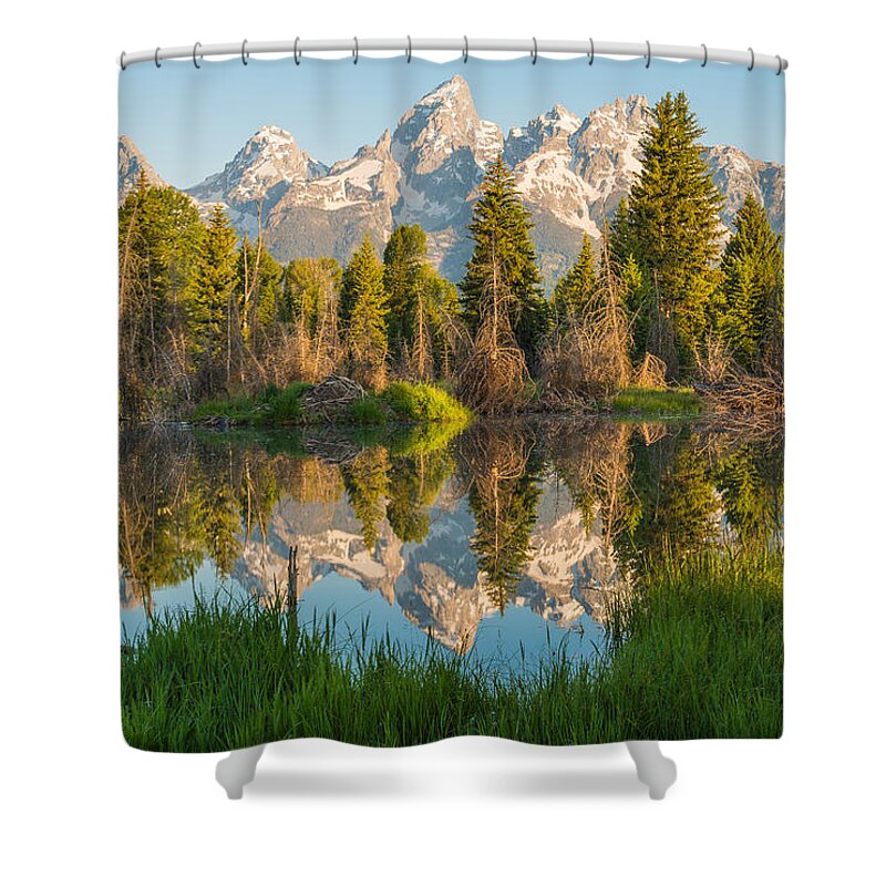 Grand Teton Shower Curtain featuring the photograph Reflecting on Everything by Kristopher Schoenleber