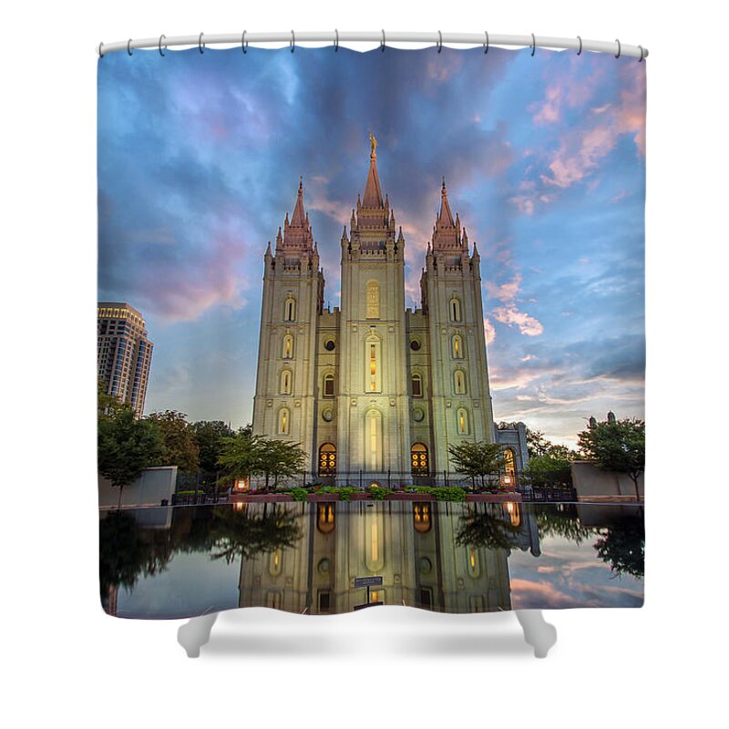 Salt Lake Temple Shower Curtain featuring the photograph Reflecting on Faith by Dustin LeFevre