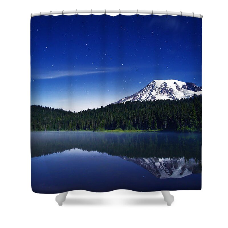 Mount Rainier Shower Curtain featuring the photograph Reflection Lake Stars by Darren White