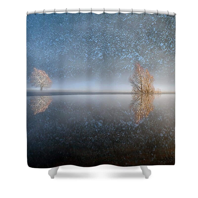 Scenics Shower Curtain featuring the photograph Reflections In A Lake In Winter, French by Jean-pierre Pieuchot