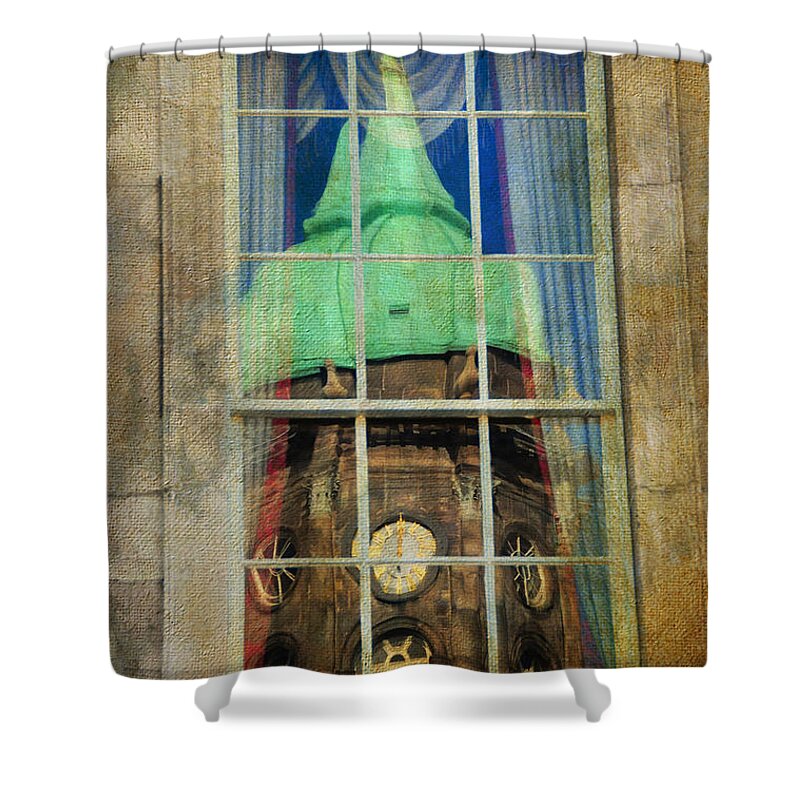 Ireland Shower Curtain featuring the photograph Reflections of Watch Tower of Dublin Castle. Streets of Dublin. Painting Collection by Jenny Rainbow
