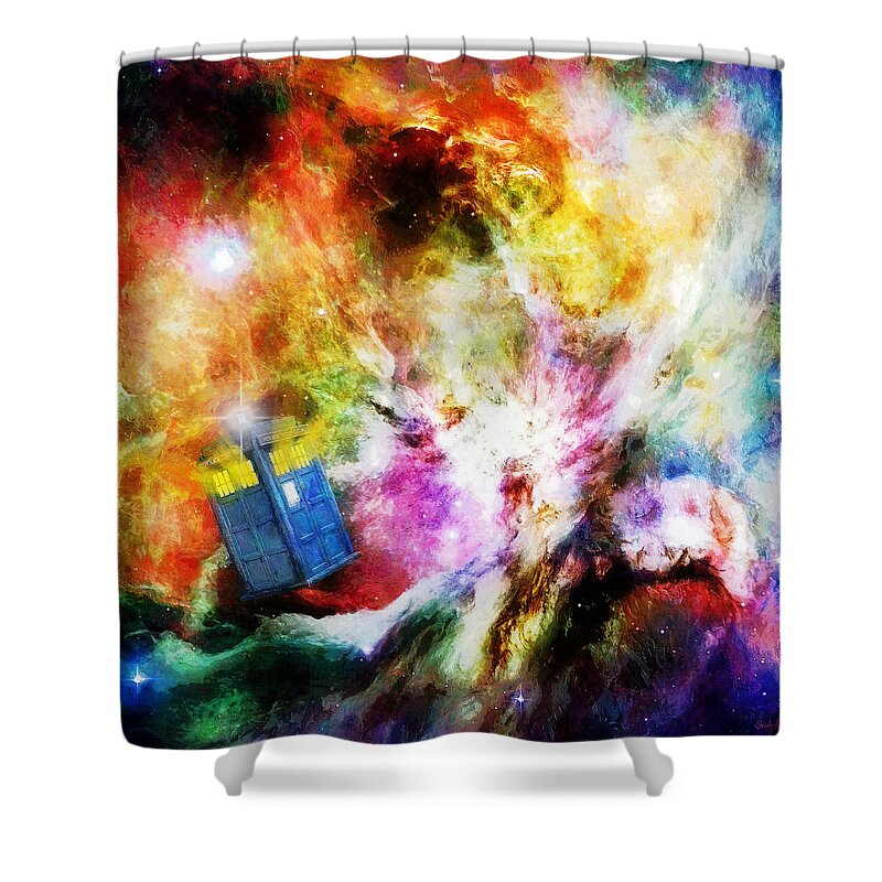 Tardis Shower Curtain featuring the painting Regeneration by Sandy MacGowan