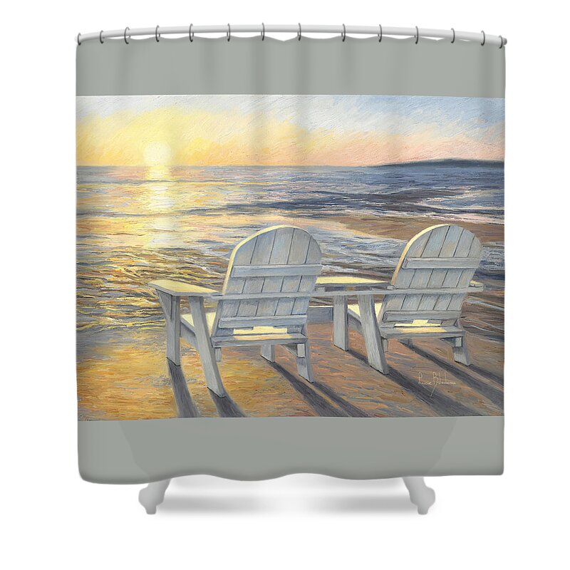 Beach Shower Curtain featuring the painting Relaxing Sunset by Lucie Bilodeau