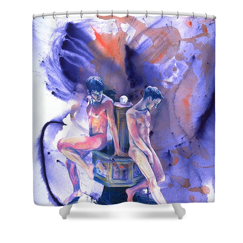 Male Nudes Shower Curtain featuring the painting Reluctant Grace by Rene Capone