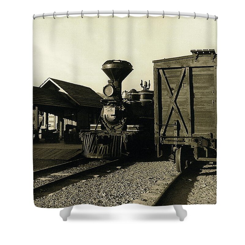 Reno Rr Engine And Station Old Tucson Arizona 1984 Shower Curtain featuring the photograph Reno RR engine and station Old Tucson Arizona 1984 by David Lee Guss