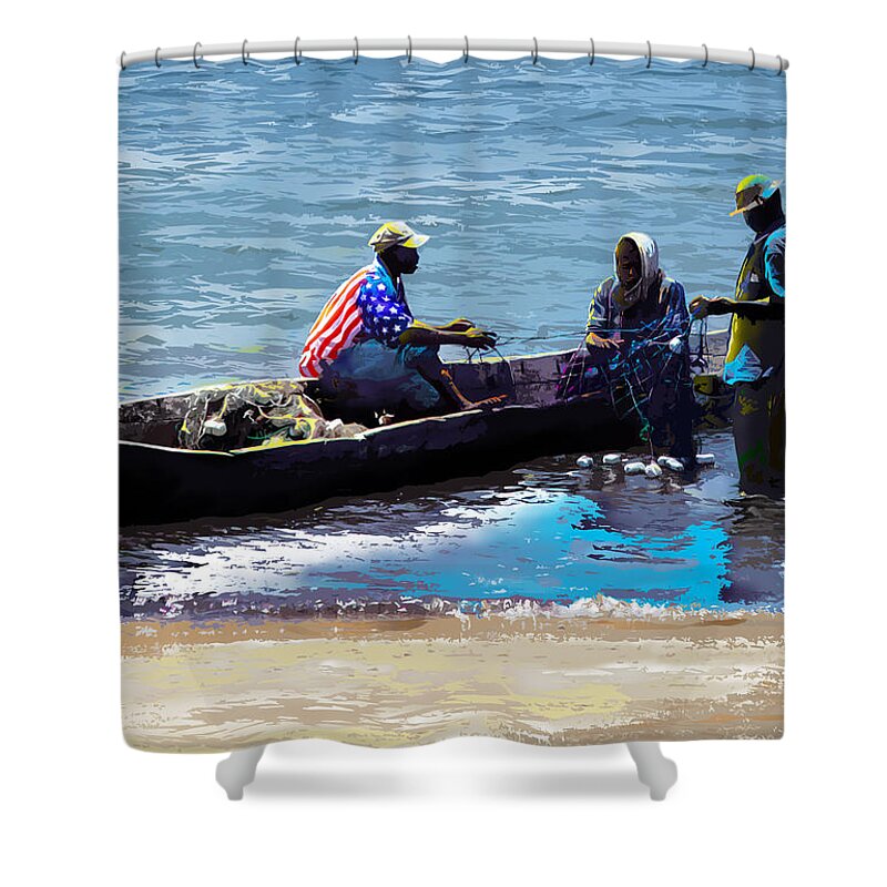 Lake Shower Curtain featuring the painting Repairing the Net at Lake Victoria by Anthony Mwangi