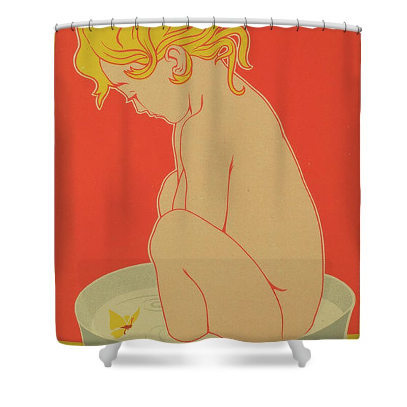 Red Shower Curtain featuring the drawing Reproduction of a poster advertising Starlight Soap by Henri Meunier