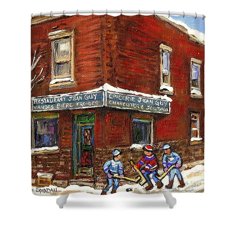 Montreal Shower Curtain featuring the painting Restaurant Epicerie Jean Guy Pointe St. Charles Montreal Art Verdun Winter Scenes Hockey Paintings  by Carole Spandau