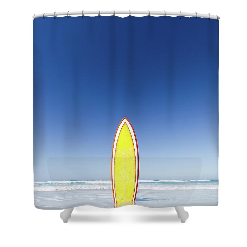 Tranquility Shower Curtain featuring the photograph Retro Yellow Surf Board And Blue Sky by John White Photos