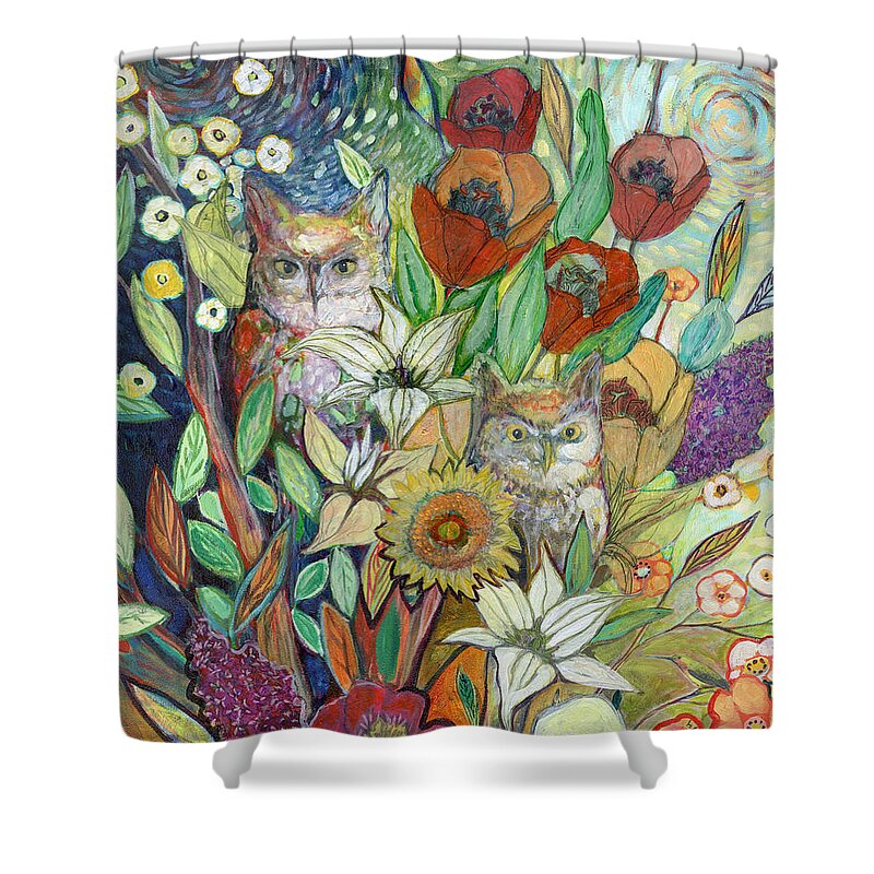 Owl Shower Curtain featuring the painting Returning Home to Roost by Jennifer Lommers