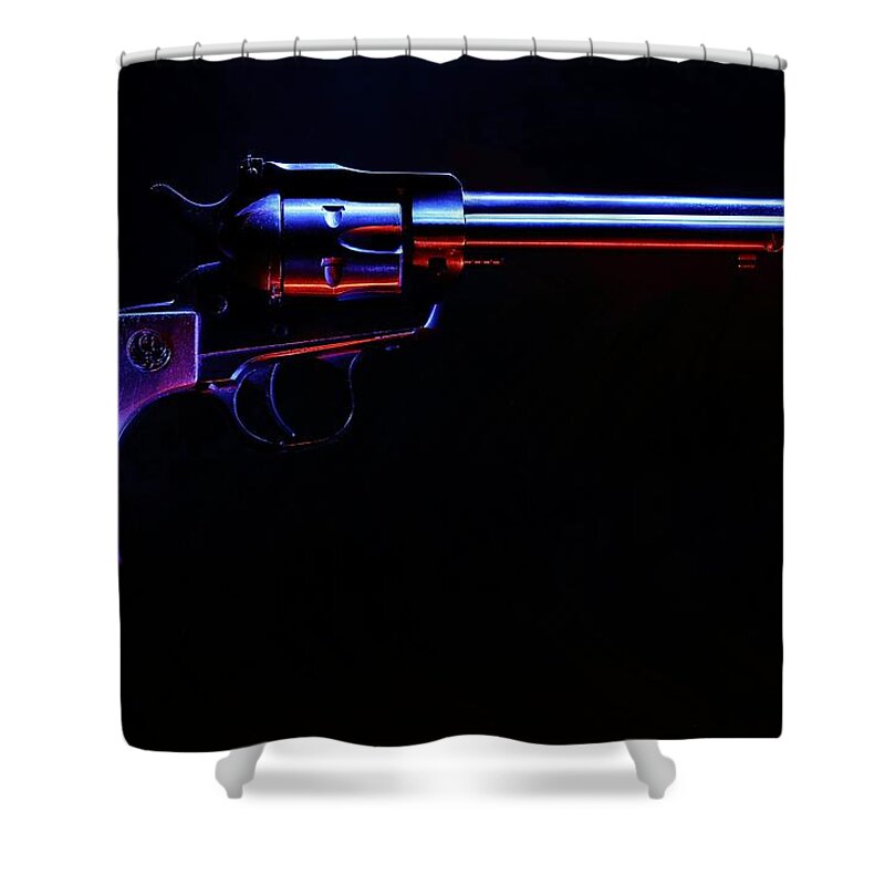 .22 Caliber Shower Curtain featuring the photograph Revolver on Black by David Andersen