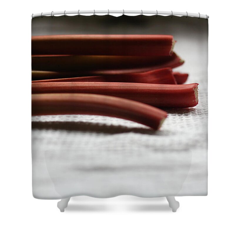 Dish Towel Shower Curtain featuring the photograph Rhubarb On Tea Towel by Kylie Townsend