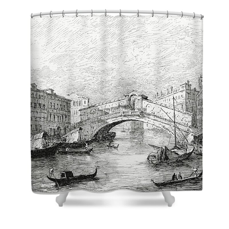 Italian Culture Shower Curtain featuring the photograph Rialto Bridge, Venice, Engraving by Goldhafen