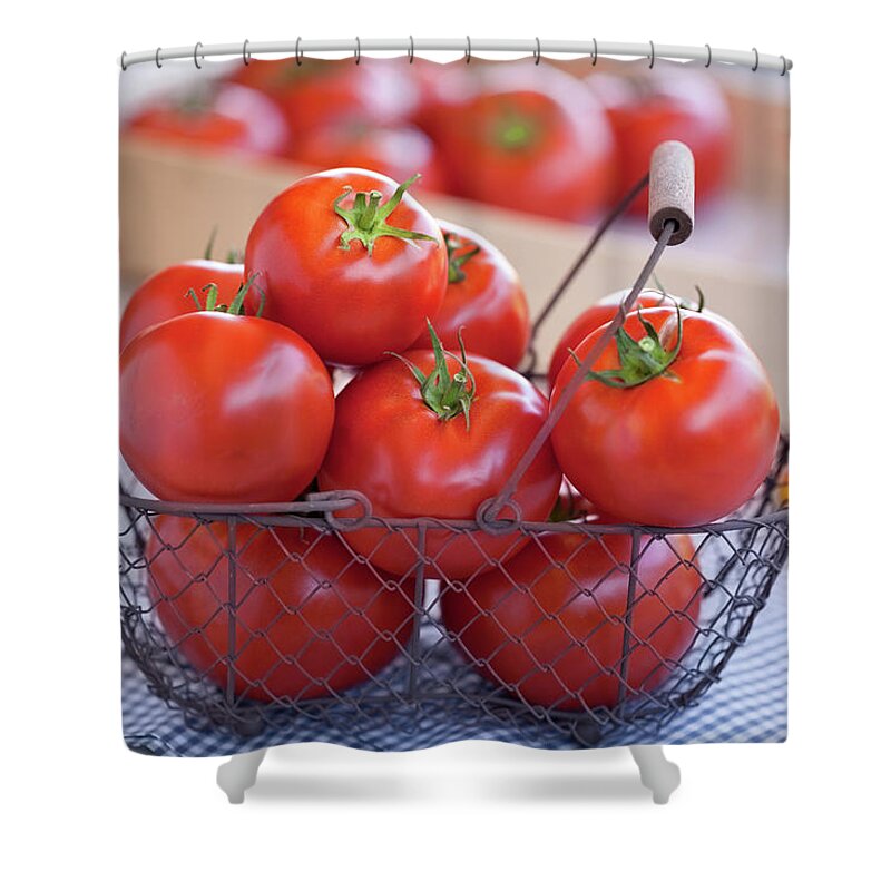Heap Shower Curtain featuring the photograph Ripe Tomatoes In A Basket by Ursula Alter