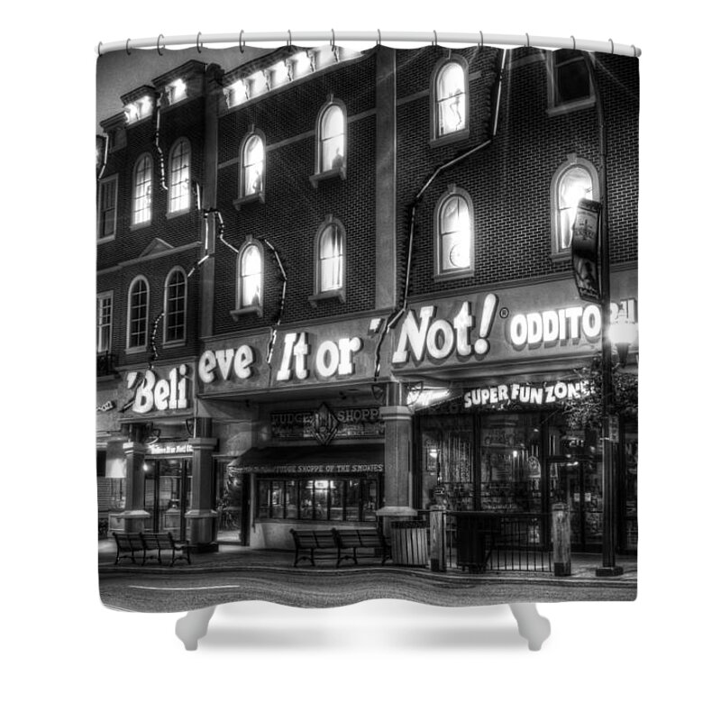 Ripley's Shower Curtain featuring the photograph Ripley's of Gatlinburg in Black and White by Greg and Chrystal Mimbs