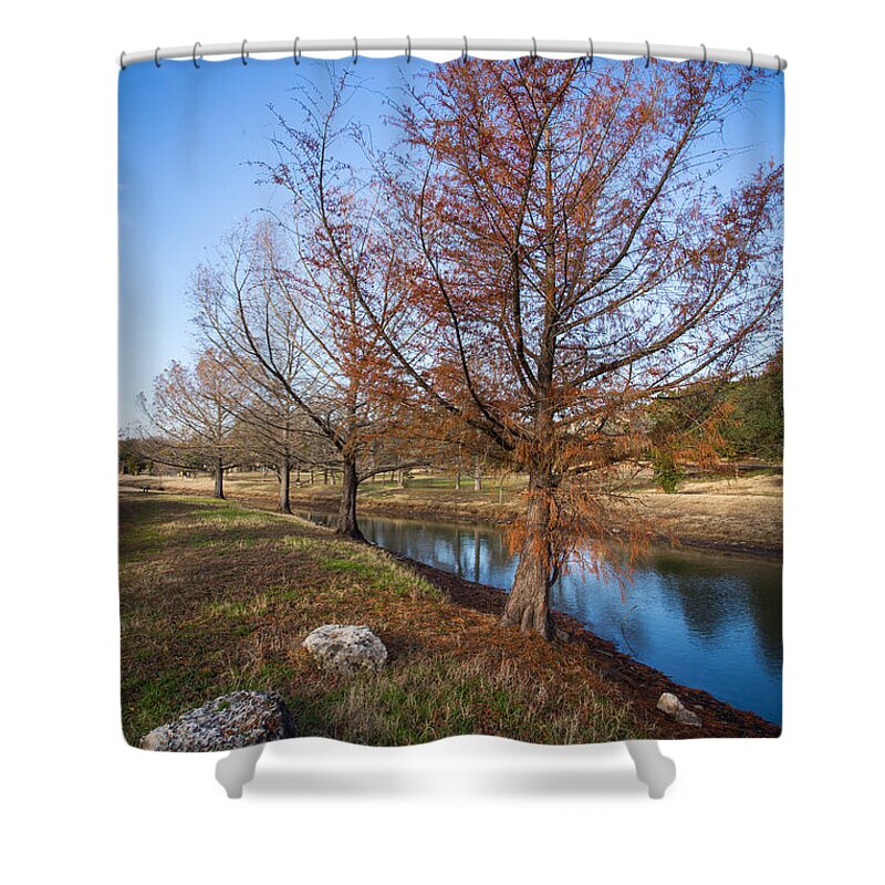 Austin Shower Curtain featuring the photograph River and Winter Trees by John Wadleigh