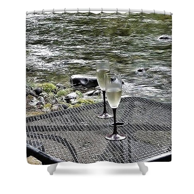 Scenic Setting Of Glasses Of White Wine On Table With River Background Shower Curtain featuring the photograph River Invitation by Susan Garren