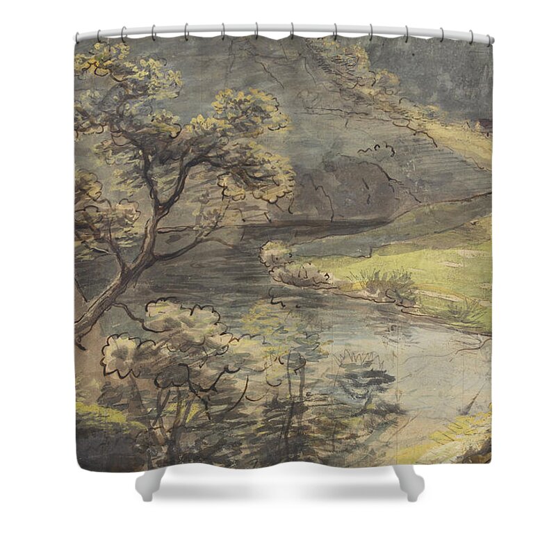 Johann Georg Von Dillis Shower Curtain featuring the drawing River Landscape by Johann Georg von Dillis