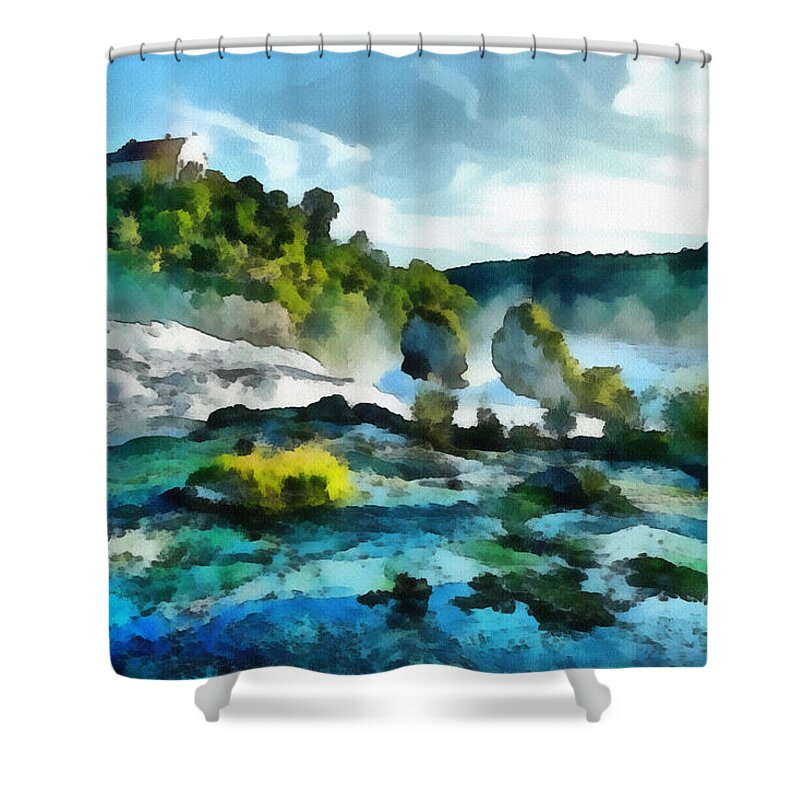 River Shower Curtain featuring the painting Riverscape by Inspirowl Design
