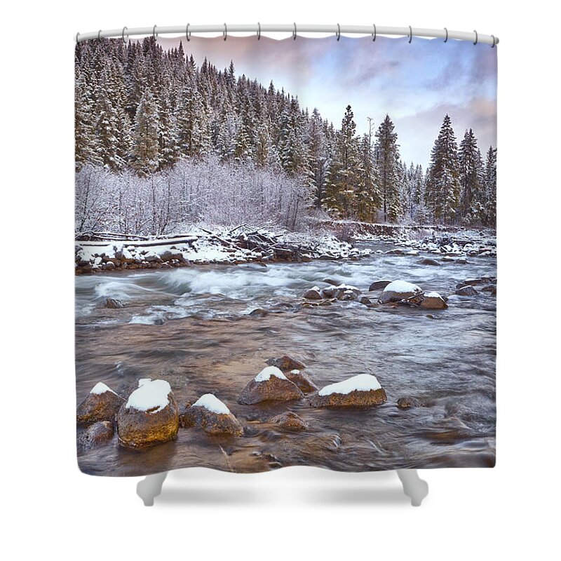  River Shower Curtain featuring the photograph Riverwalk at Sunrise by Darren White