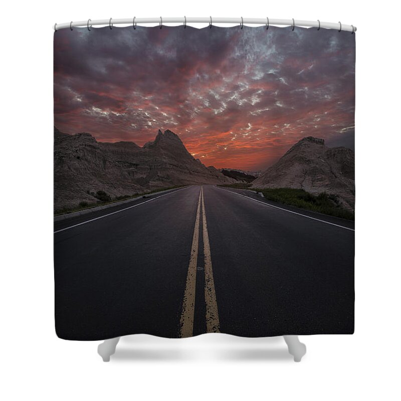 Road To Nowhere Shower Curtain featuring the photograph Road to Nowhere Badlands by Aaron J Groen