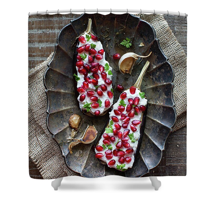 Canvas Fabric Shower Curtain featuring the photograph Roasted Eggplant With Pomegranate by Ingwervanille